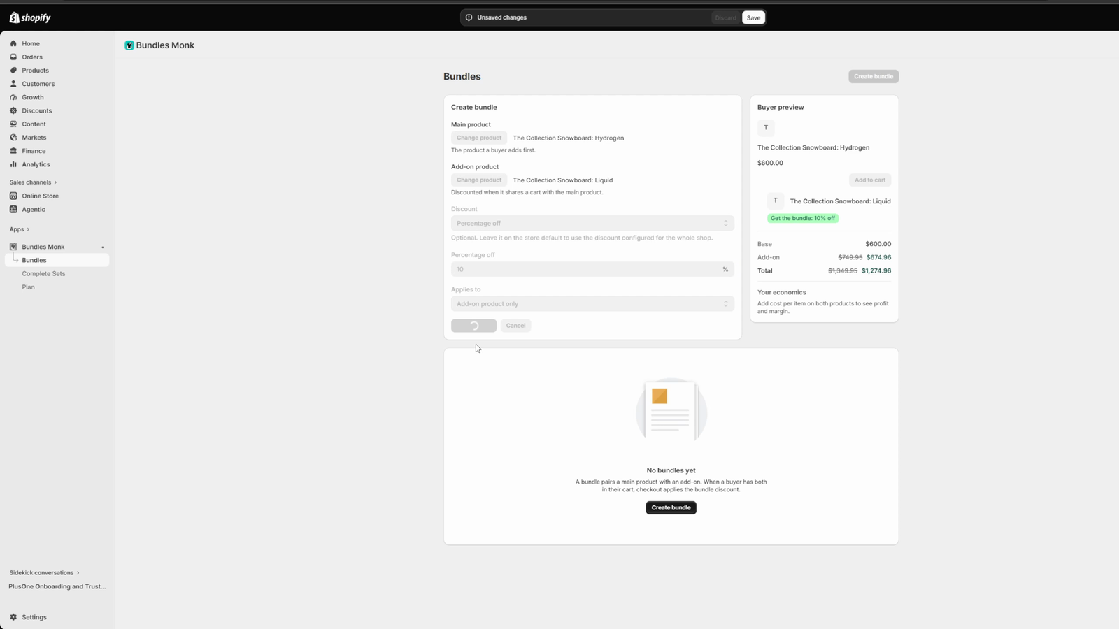The Create bundle form in the app, with a main product, an add-on product, a 10 percent discount applying to the add-on product only, and a Buyer preview panel showing the discounted total