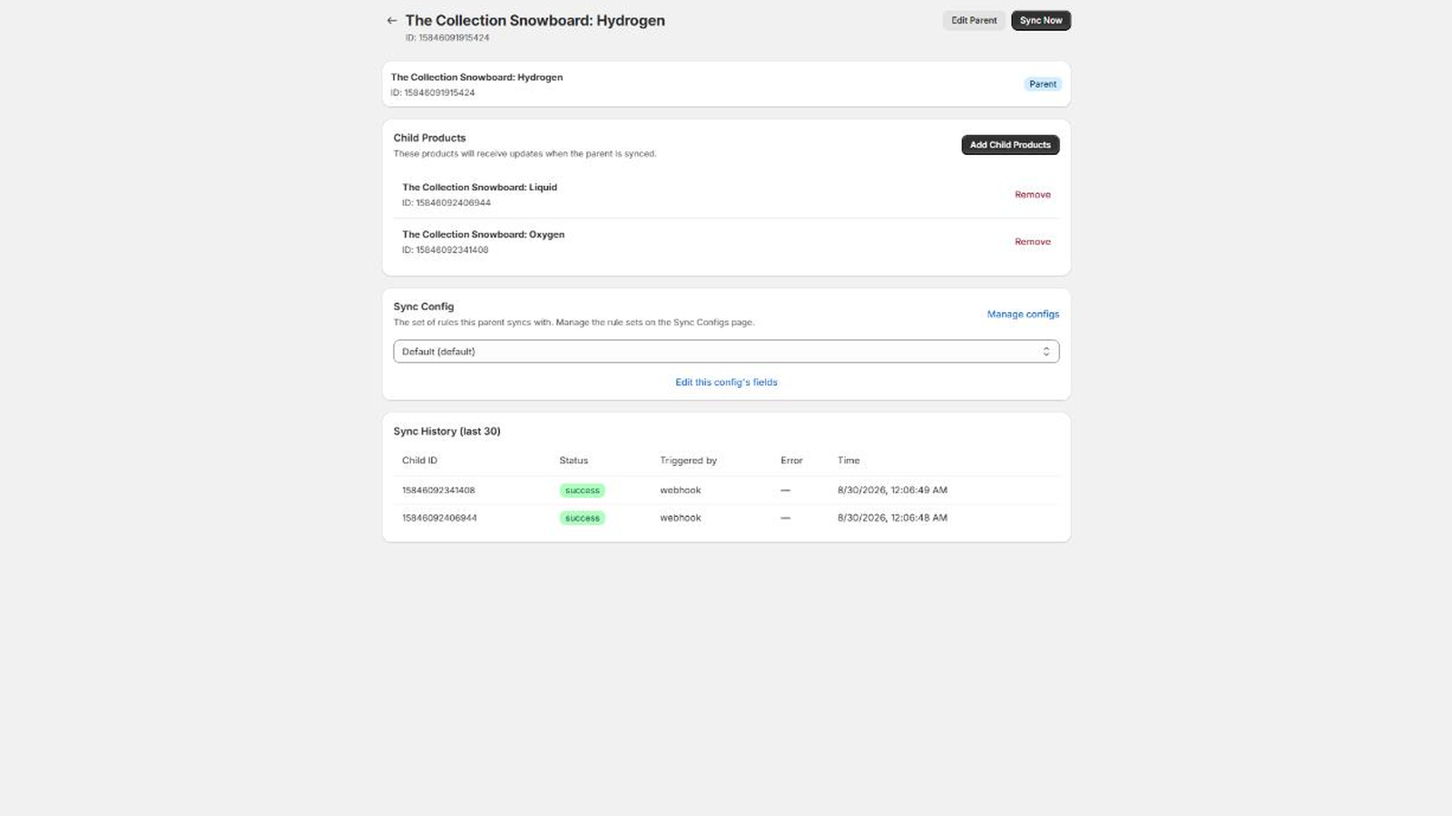 The parent rule page for a sample snowboard product, listing its two child products, the sync config assigned to it, and a sync history table showing two successful webhook syncs.