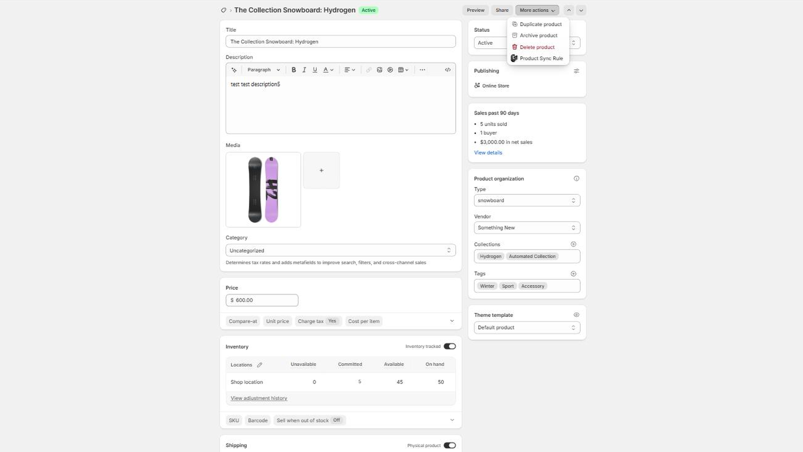 A Shopify product page with the More actions menu open, showing the Product Sync Rule item the app adds.